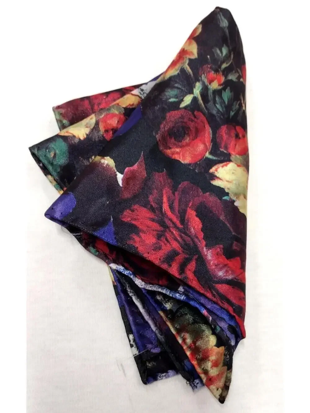 Vintage Floral Black Satin Hankie Men's Handkerchief Roses Print 13 x 13 inches